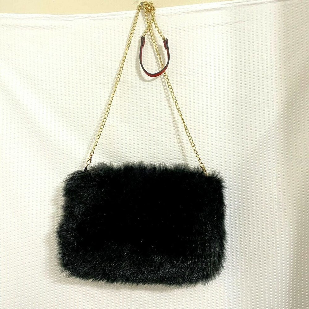 3AM Forever Faux Fur Furry Black Purse Gold Chain Strap Lined Zipper